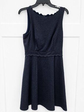 ELLE Scalloped Dress Womens Small Navy Blue Sleeveless Fit Flare A-Line